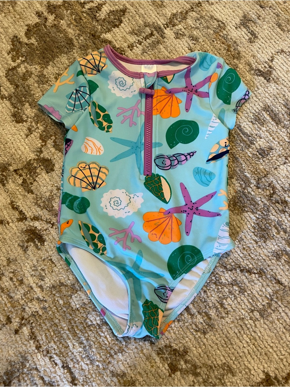 Cat & Jack Aqua Sea Life Short Sleeve One-Piece Swimsuit with Purple Trim